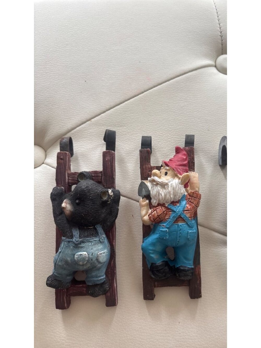Bear & Gnome Ladder Hooks Set Of 2 Rustic Wall Decor Hand-Painted Resin